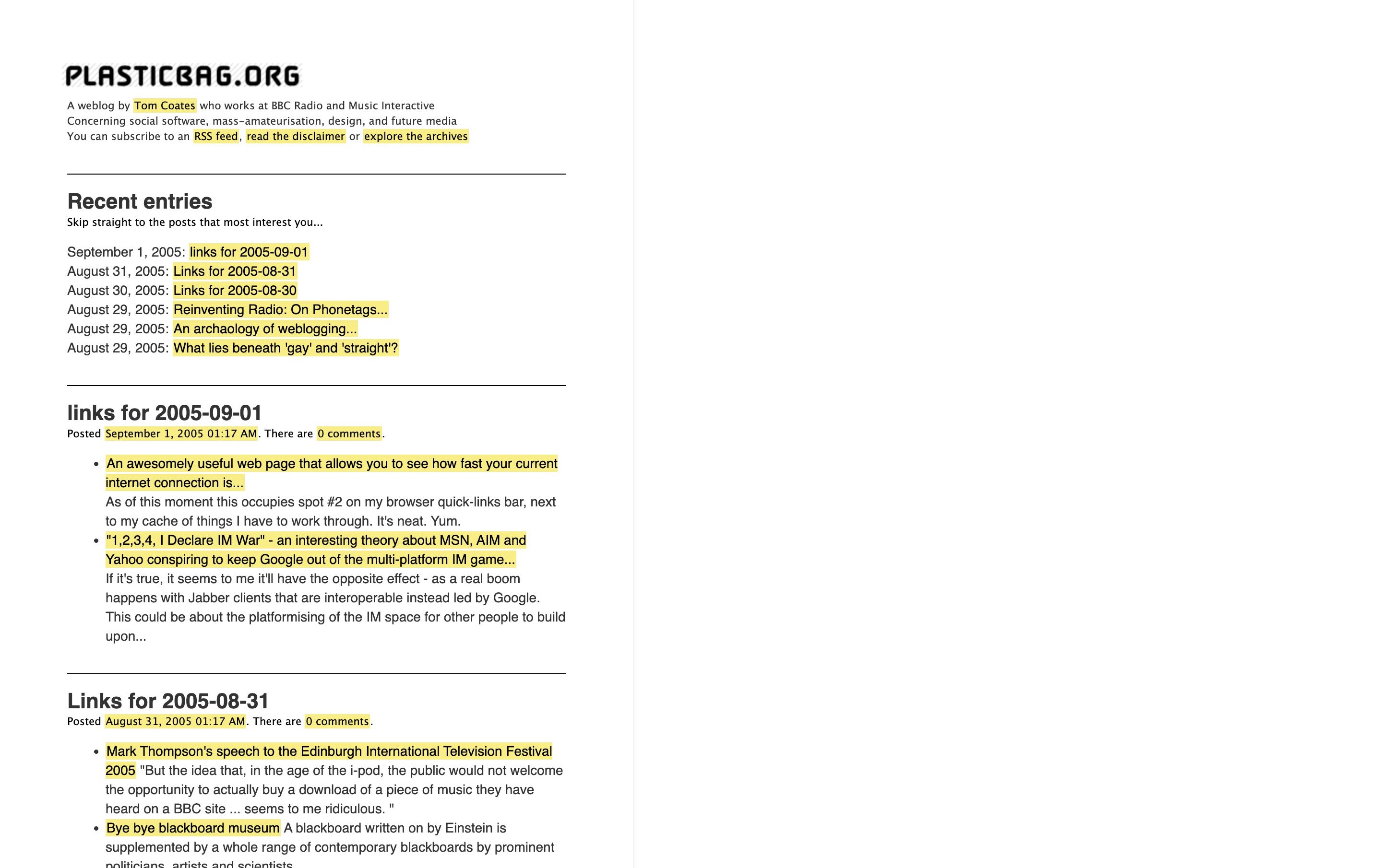 Screenshot of the minimal 2005 plasticbag.org design, with large black type and yellow links.