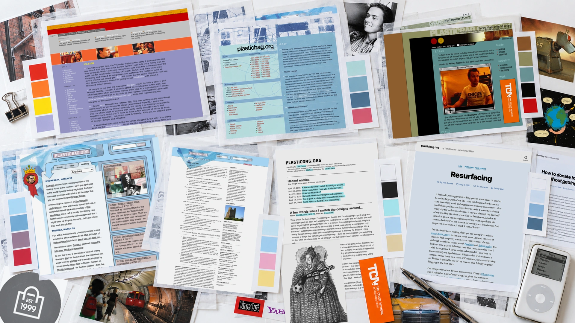 Printed pages from seven plasticbag.org designs, colour swatches and original photographs arranged across a white table.
