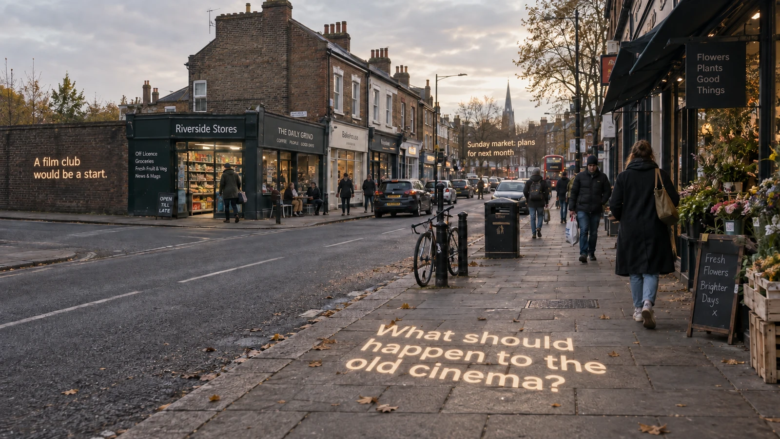 Concept artwork of a London street, with neighbourhood discussions about an old cinema and a Sunday market written into the scene.