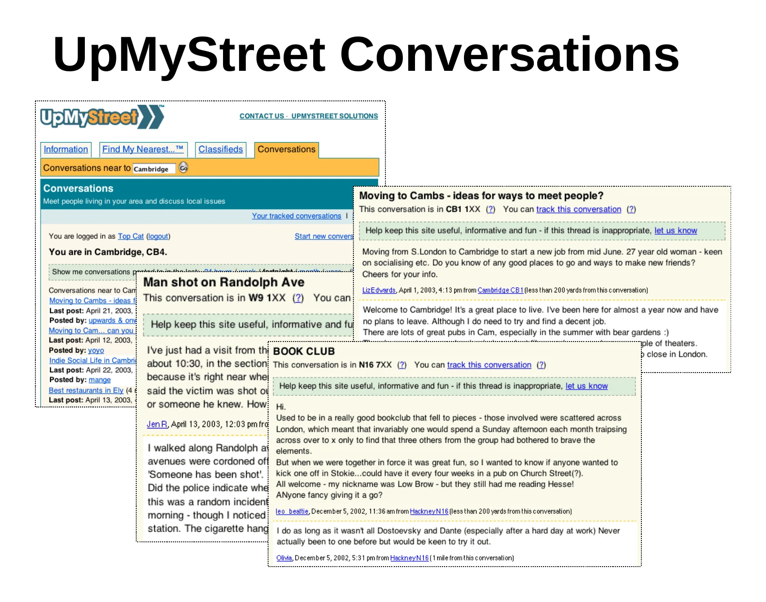 Opening slide for UpMyStreet Conversations, showing the product alongside the names Tom Coates, Matt Webb and Stefan Magdalinski.