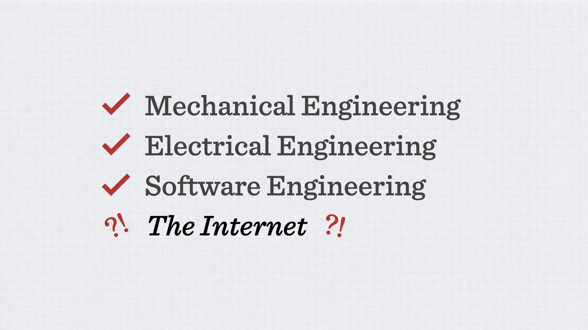 Slide reading: Mechanical Engineering Electrical Engineering Software Engineering The Internet ?!.