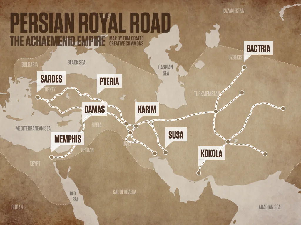 Slide reading: PERSIAN ROYAL ROAD THE ACHAEMENID EMPIRE MAP BY TOM COATES CREATIVE COMMONS.