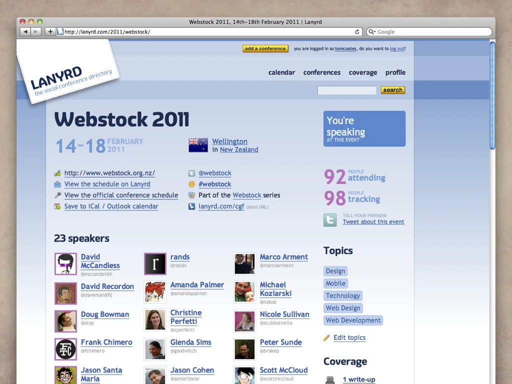 Slide reading: REMEMBER: YOU CAN TWEET ‘@LANYRD ATTENDING #WEBSTOCK’ TO AUTOMATICALLY SET UP YOUR ACCOUNT.