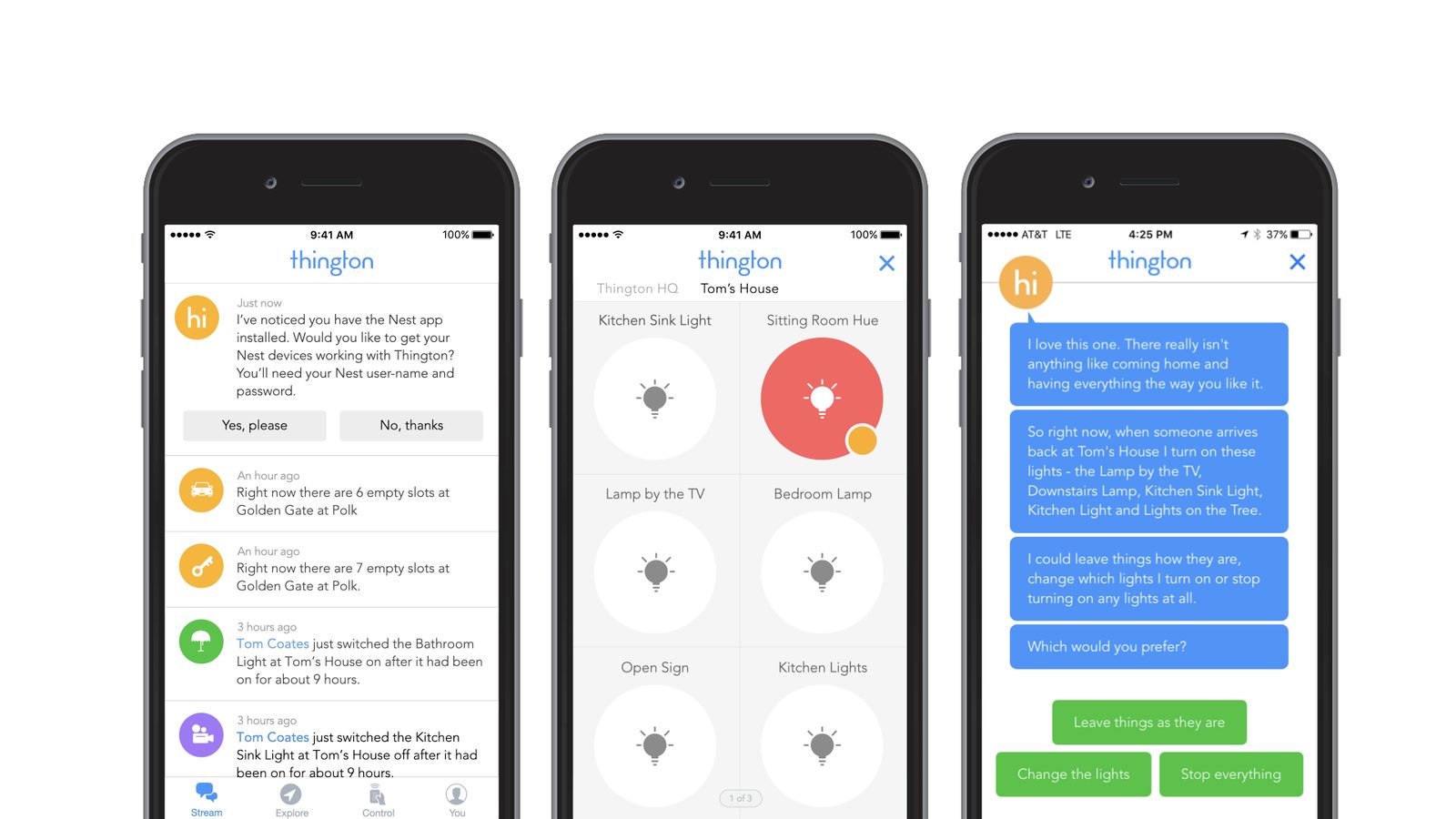 Three phone screenshots of the Thington smart home app showing activity, light controls, and an assistant conversation.