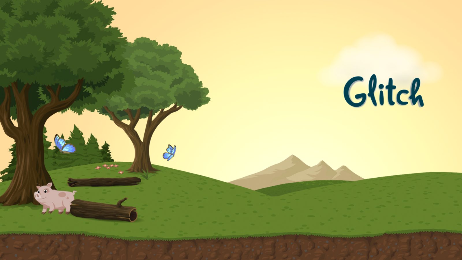 A colorful game-like landscape with trees, hills, a pig, butterflies and the word Glitch.