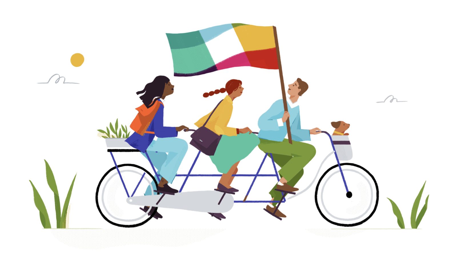 An illustration of people riding a multi-person bicycle with a multicolored flag, representing Slack.