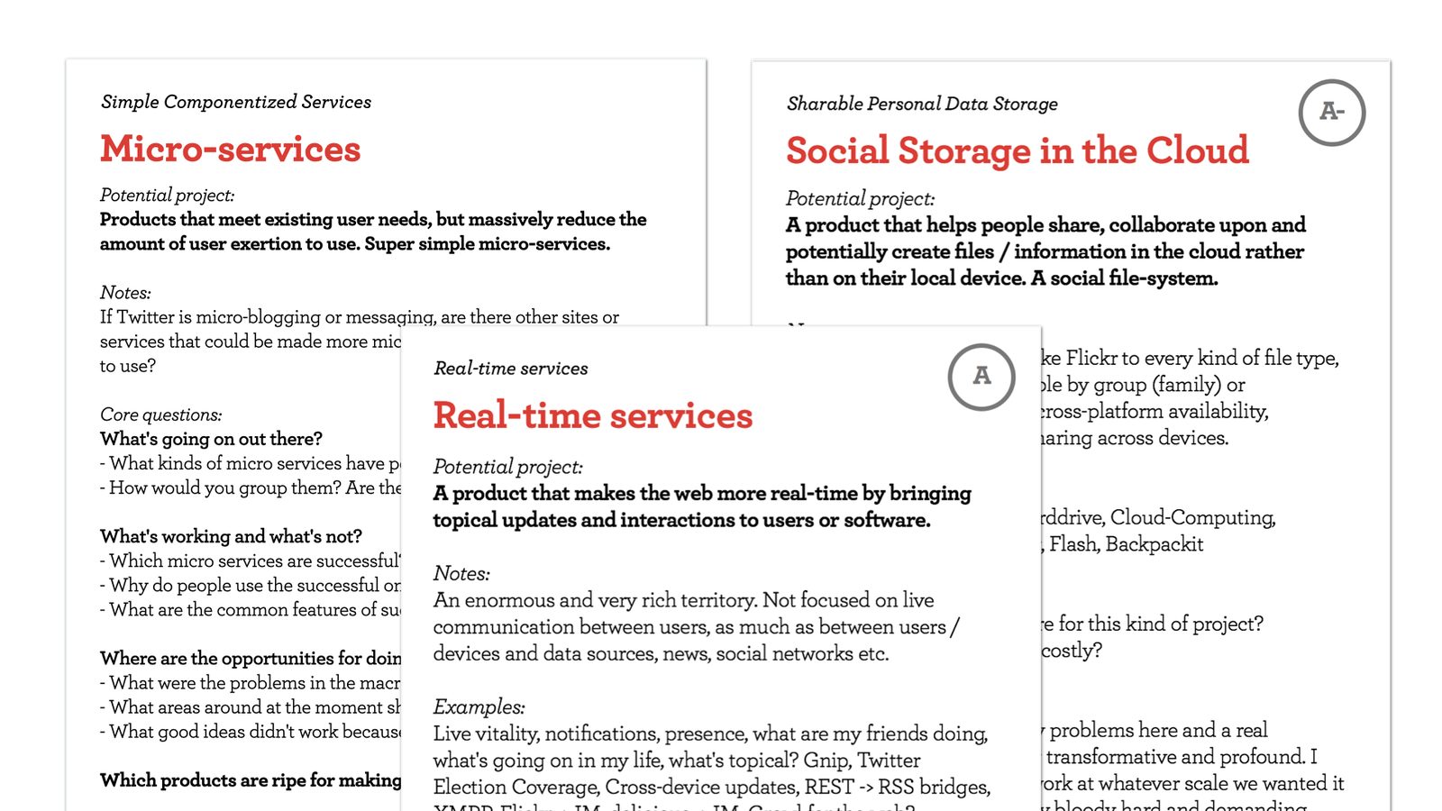 Example territory one-pagers for Micro-services, Social Storage in the Cloud and Real-time services.