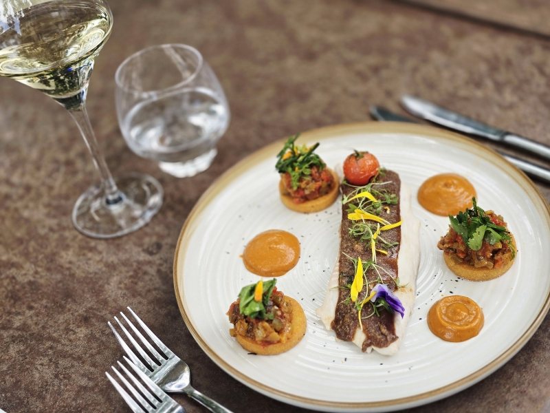 A colourful plated lunch dish at Mas de Cure Bourse.
